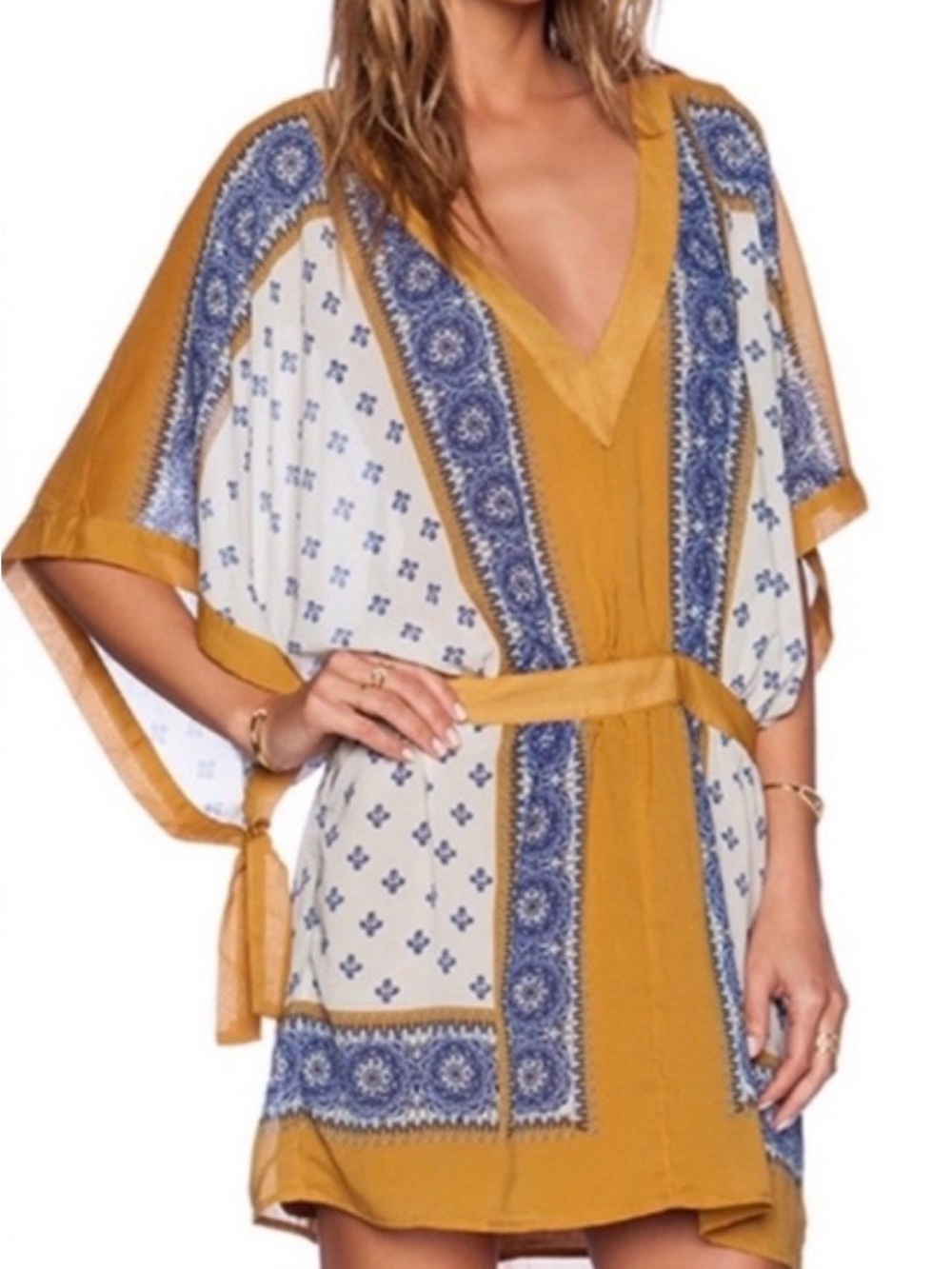 Free People Mustard & Blue Printed V-Neck Belted Tunic